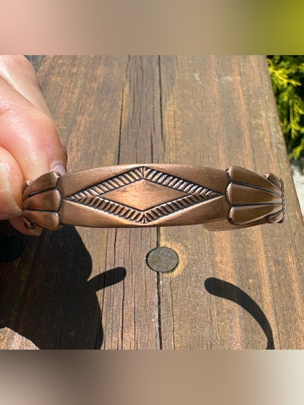 Vintage Bell Trading Post Engraved Copper Cuff Bracelet - Diamond Motif